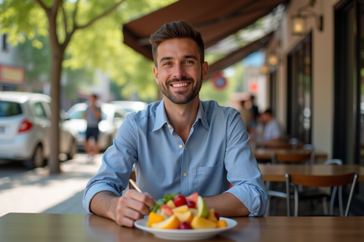 Jeune homme souriant avec salade de fruits en extérieur