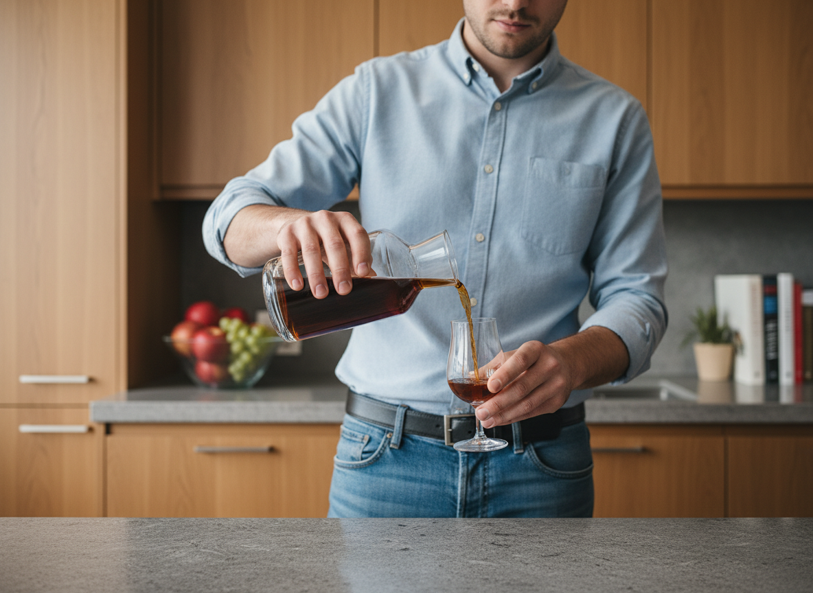 Jeune homme versant du rhum dans un verre dans sa cuisine moderne