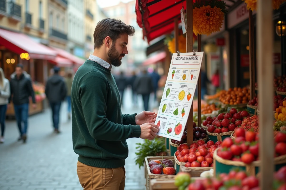 Jeune homme examinant un tableau de fruits saisonniers