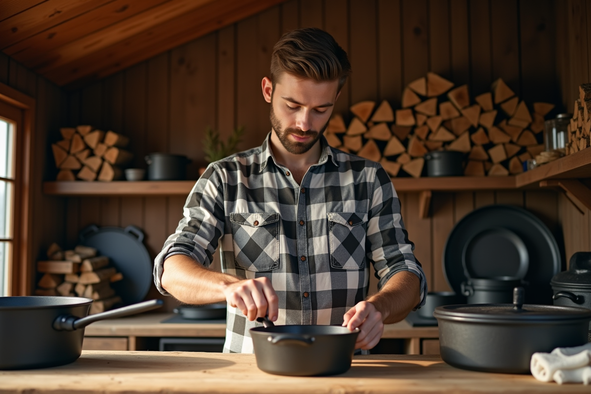 Jeune homme huilant des poeles en fonte dans une cabane rustique