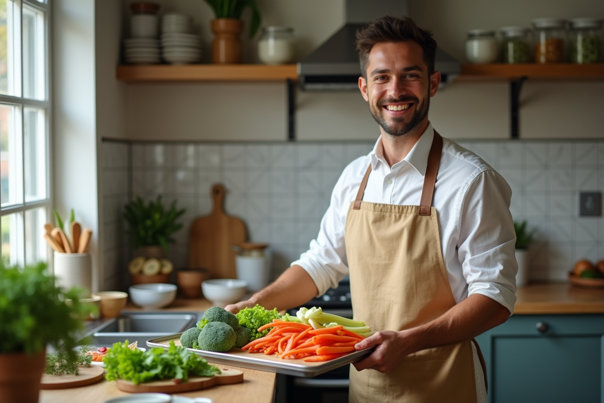 Jeune homme sortant des légumes vapeur dans la cuisine