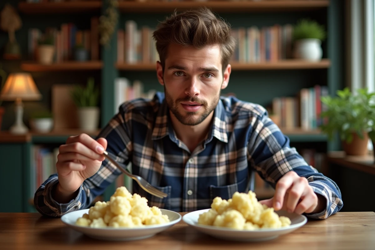 Jeune homme dégustant du chou-fleur cuit à la maison