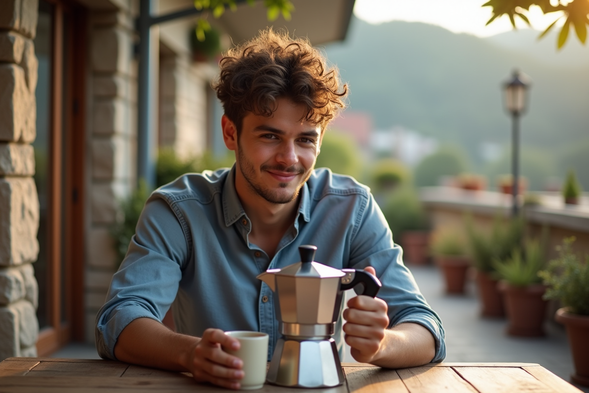 Jeune homme savourant un cafe en terrasse