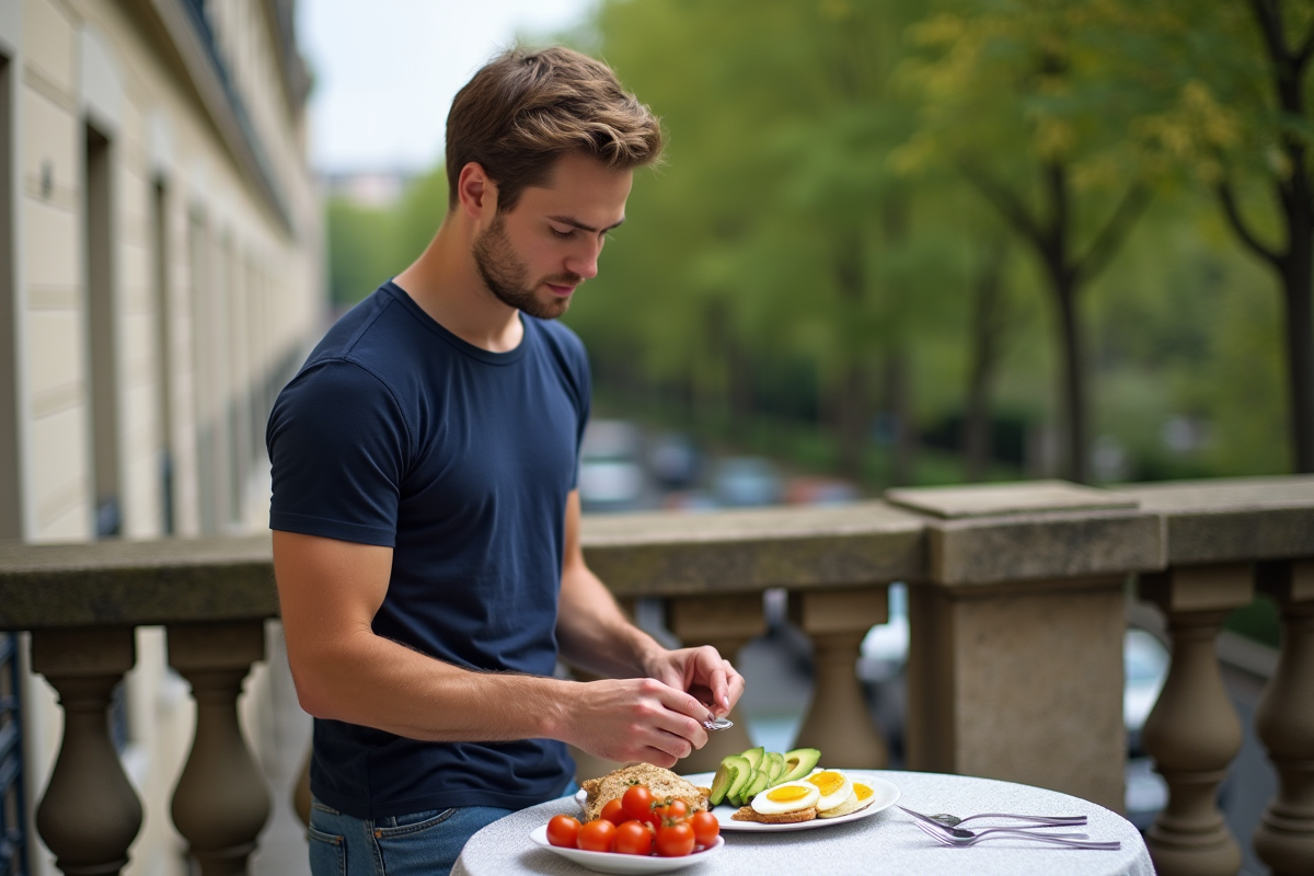Jeune homme préparant un petit déjeuner sur un balcon urbain