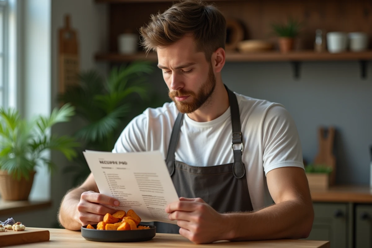Jeune homme lisant une recette en préparant des patates douces dans la cuisine
