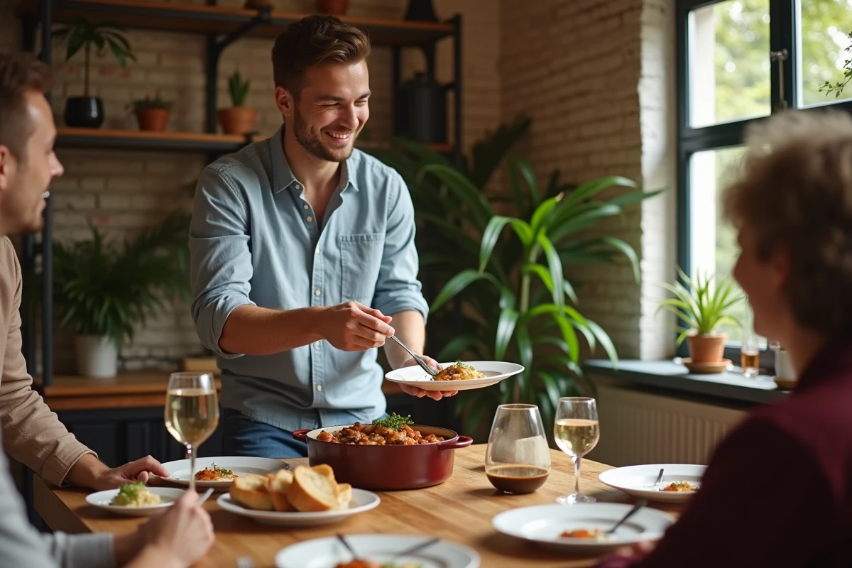 Jeune homme souriant servant du cassoulet à une table conviviale