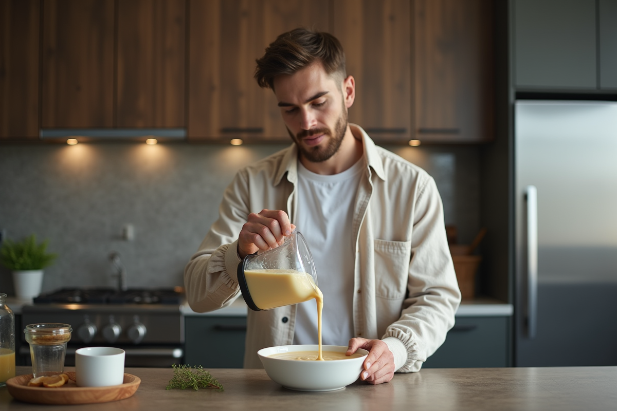 Jeune homme versant une soupe crémeuse dans un bol en cuisine moderne