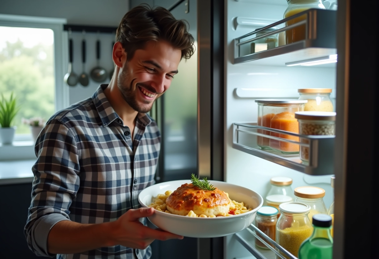 Jeune homme rangeant une blanquette de veau dans le frigo