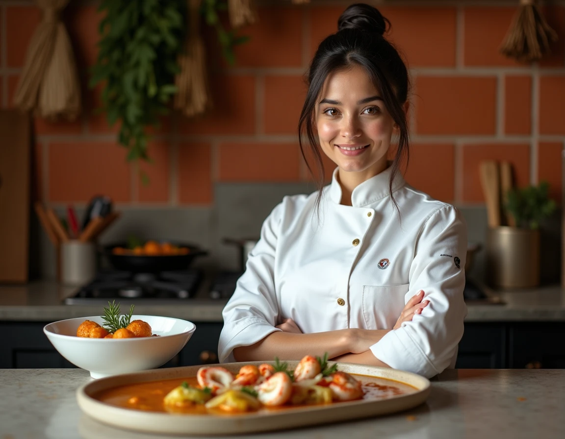 Chef Julia Sedefdjian, plus jeune cheffe étoilée de France, présentant sa bouillabaisse dans son restaurant parisien