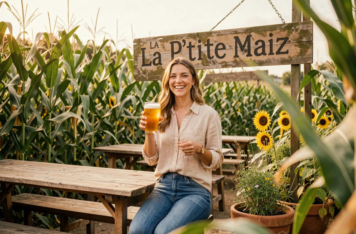 Femme souriante tenant une bière blonde artisanale sur la terrasse champêtre de La P'tite Maiz entourée de plants de maïs
