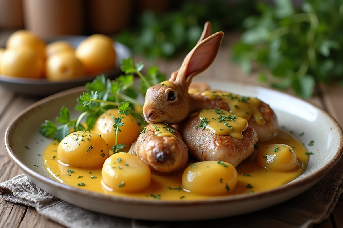 Lapin en sauce moutarde avec pommes de terre et herbes fraîches