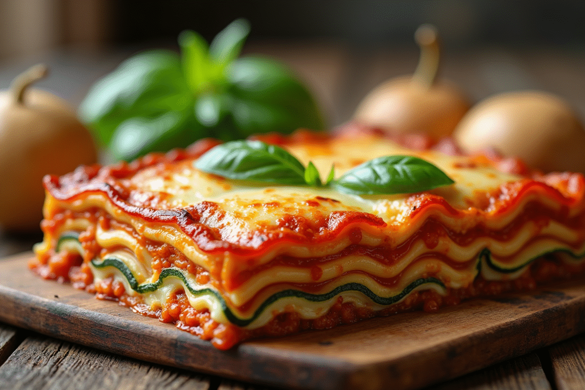Lasagne de courgettes fraîche sortie du four avec fromage doré
