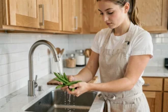 Jeune femme lavant des haricots verts frais sous l'eau du robinet avant congélation pour bébé