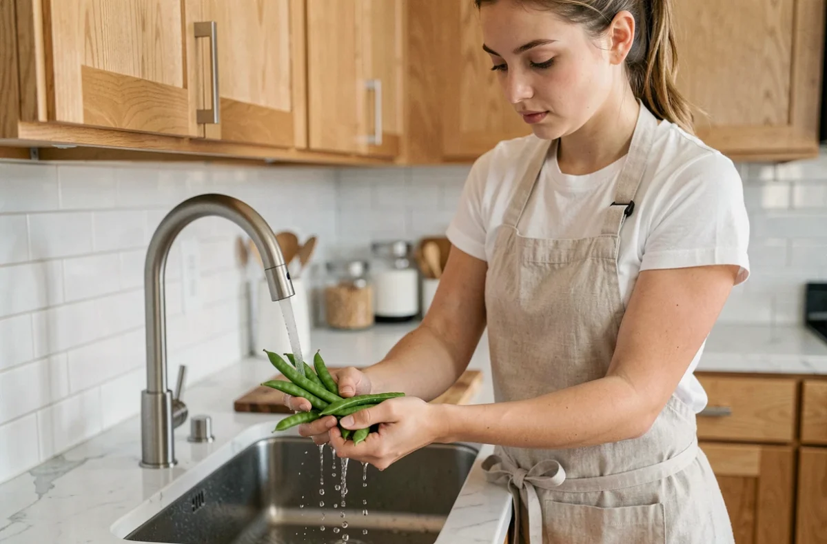 Jeune femme lavant des haricots verts frais sous l'eau du robinet avant congélation pour bébé