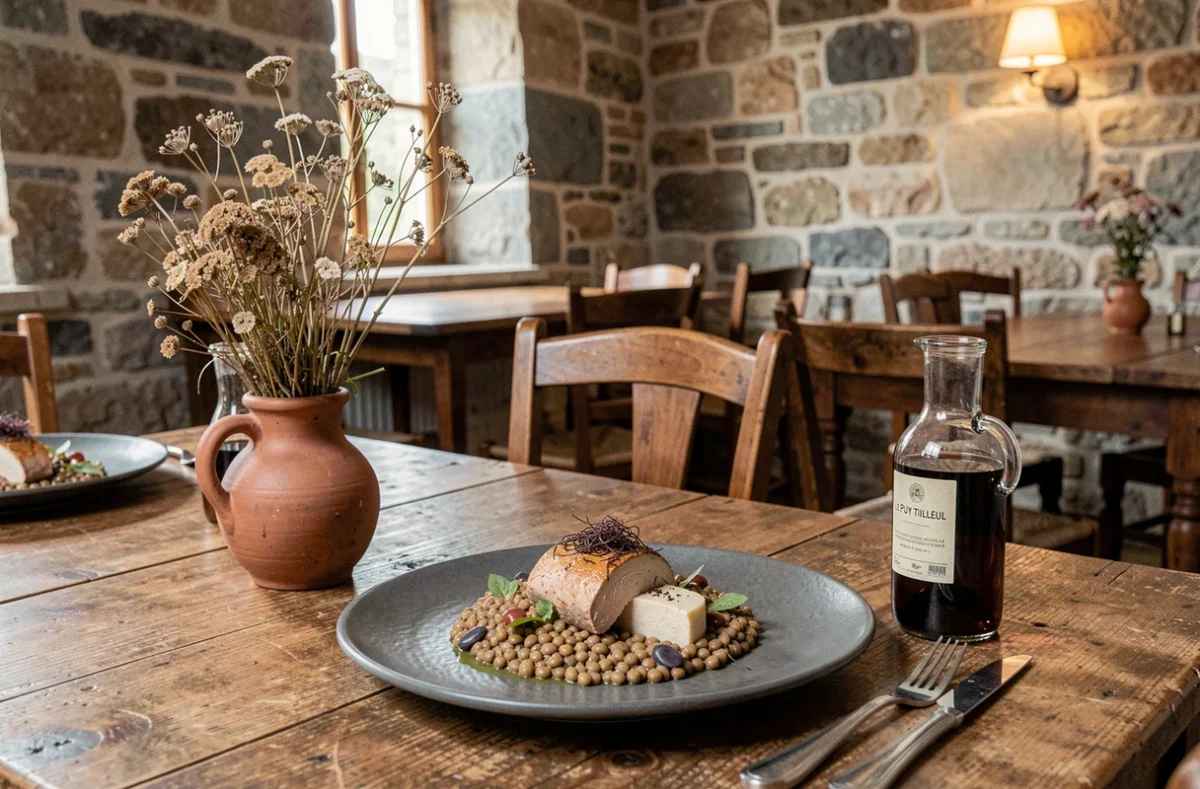 Assiette gastronomique du Puy Tilleul dans le Cantal avec lentilles et foie gras dans un cadre en pierre auvergnat