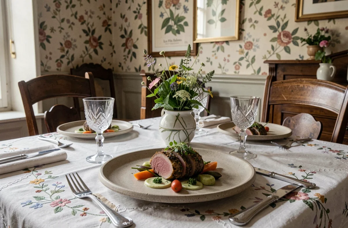 Table gastronomique des Fées Mères à La Bourboule avec agneau d'Auvergne et décor provincial authentique
