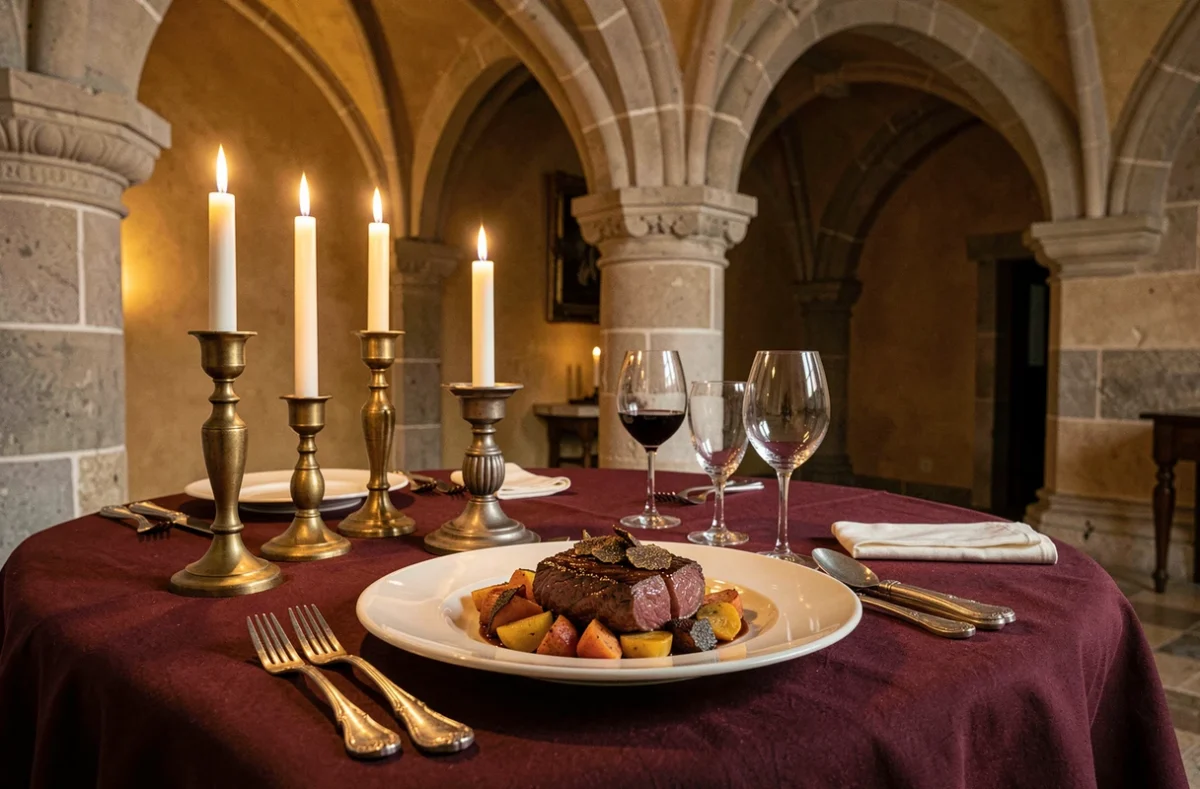 Table dressée dans l'intérieur en pierre Renaissance du restaurant étoilé Les Loges dans le Vieux Lyon