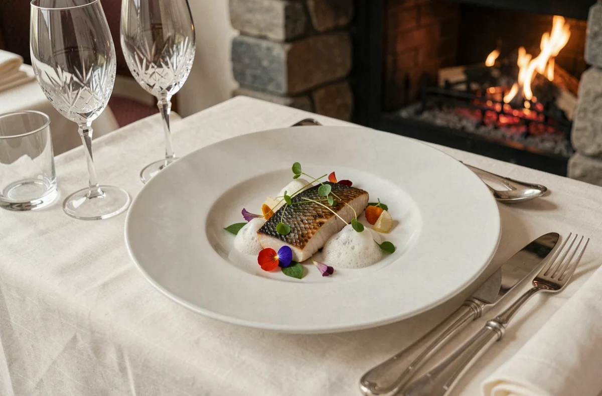 Assiette gastronomique trois étoiles Michelin des Morainières en Savoie avec poisson du lac et truffe