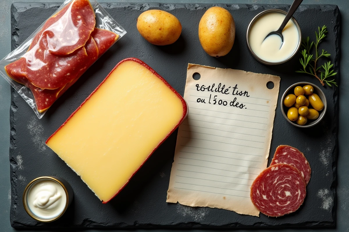Liste de courses raclette avec fromage, charcuterie et condiments sur ardoise