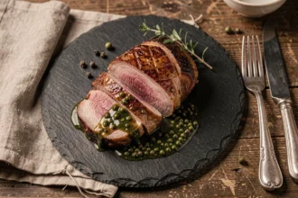 Magret de canard tranché nappé de sauce au poivre vert sur ardoise, style bistrot français