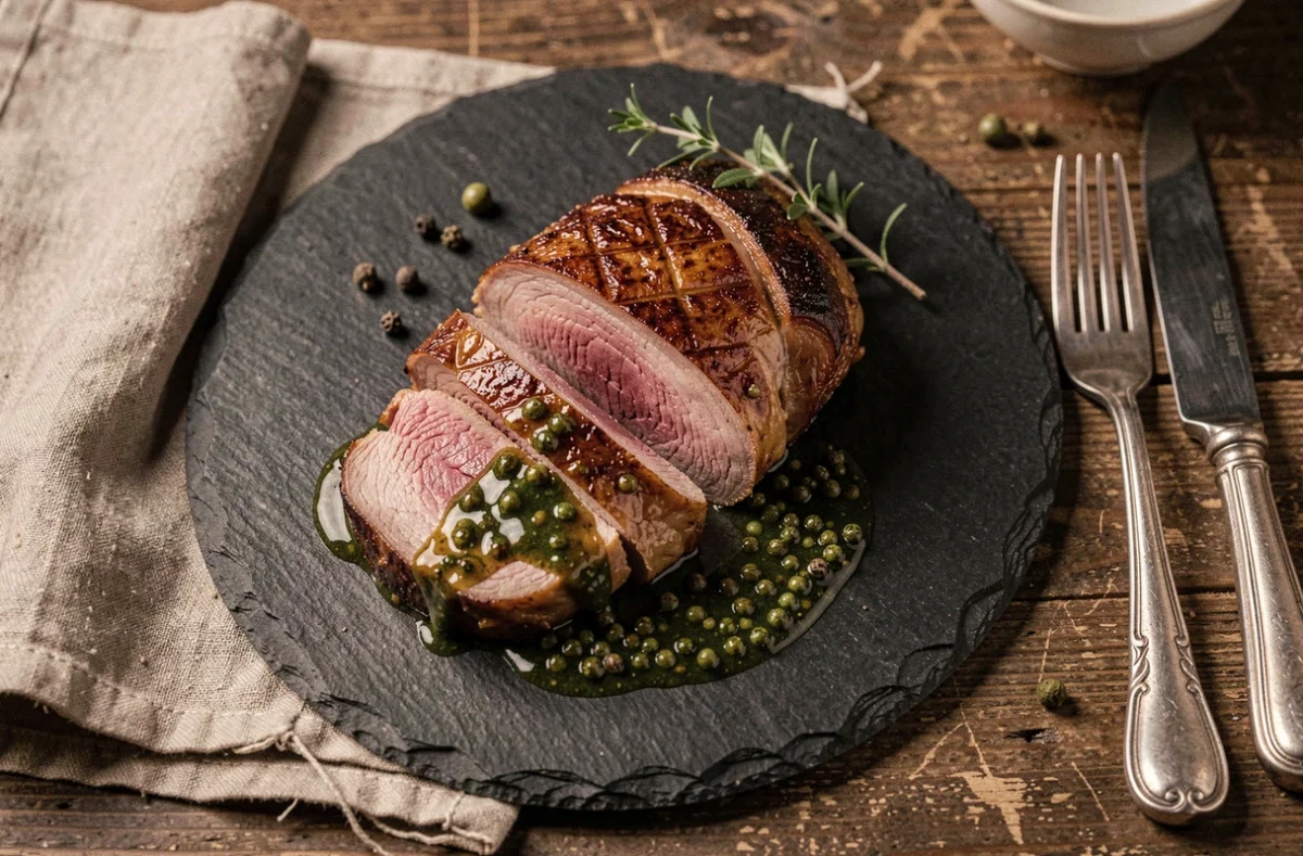 Magret de canard tranché nappé de sauce au poivre vert sur ardoise, style bistrot français