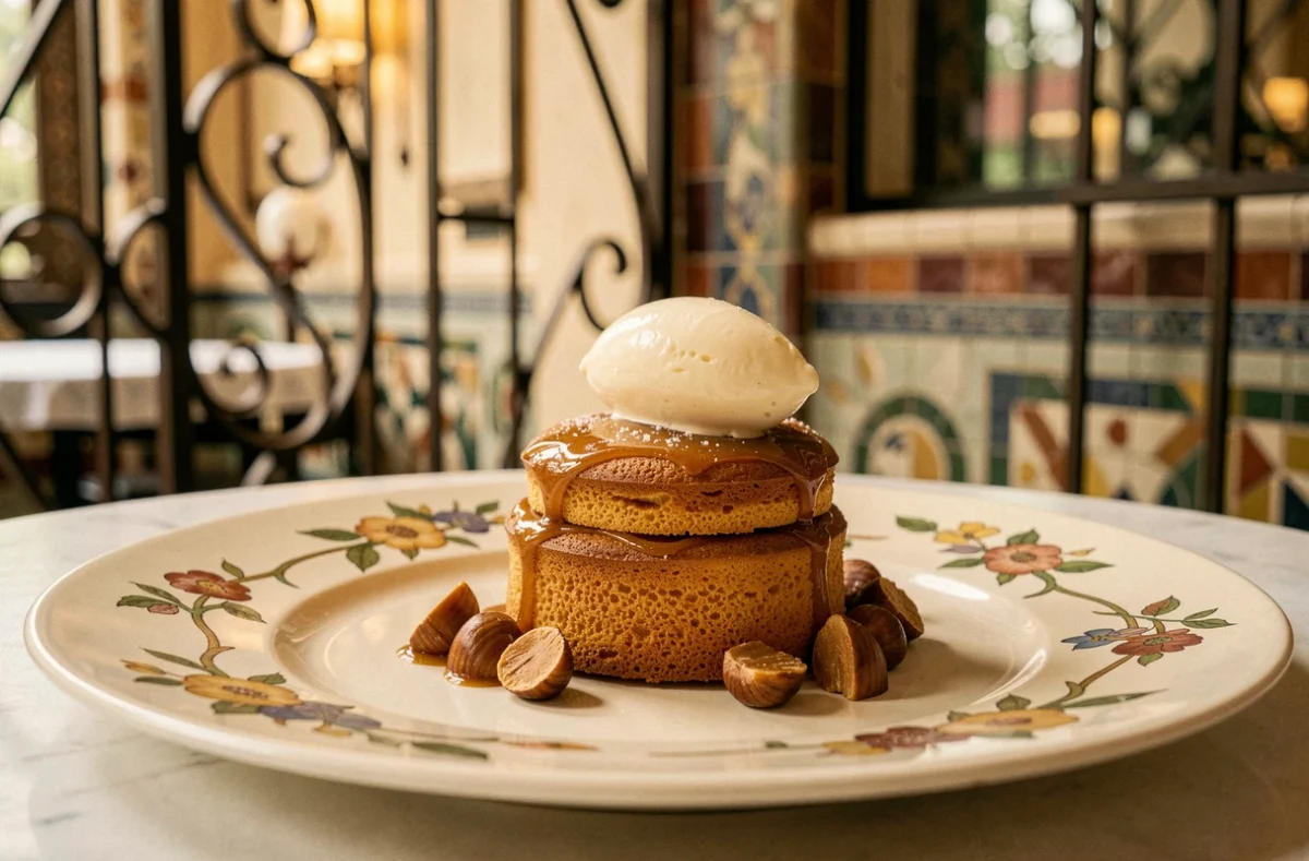 Dessert gastronomique contemporain de Maison Decoret à Vichy avec soufflé au caramel et glace vanille dans un décor Art Nouveau