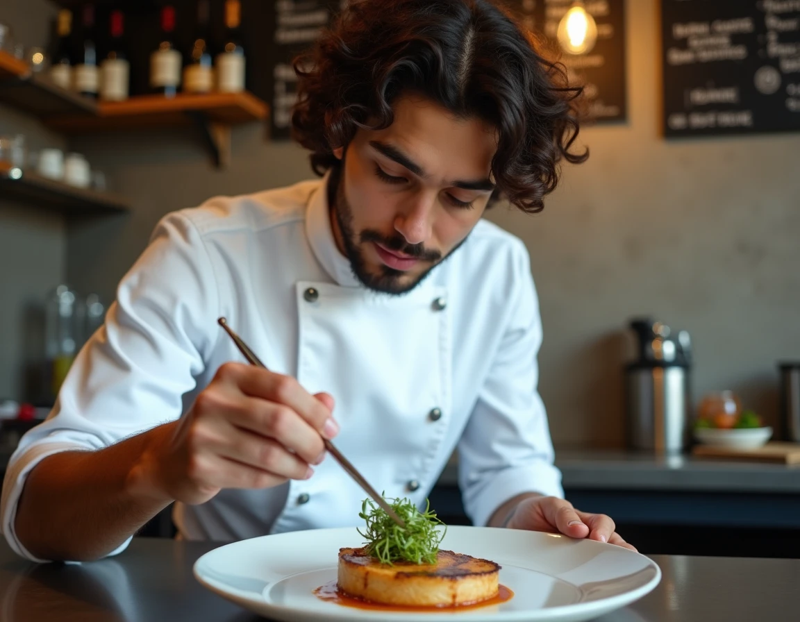 Jeune chef Mallory Gabsi en cuisine dans son restaurant parisien, finalisant un plat étoilé avec précision