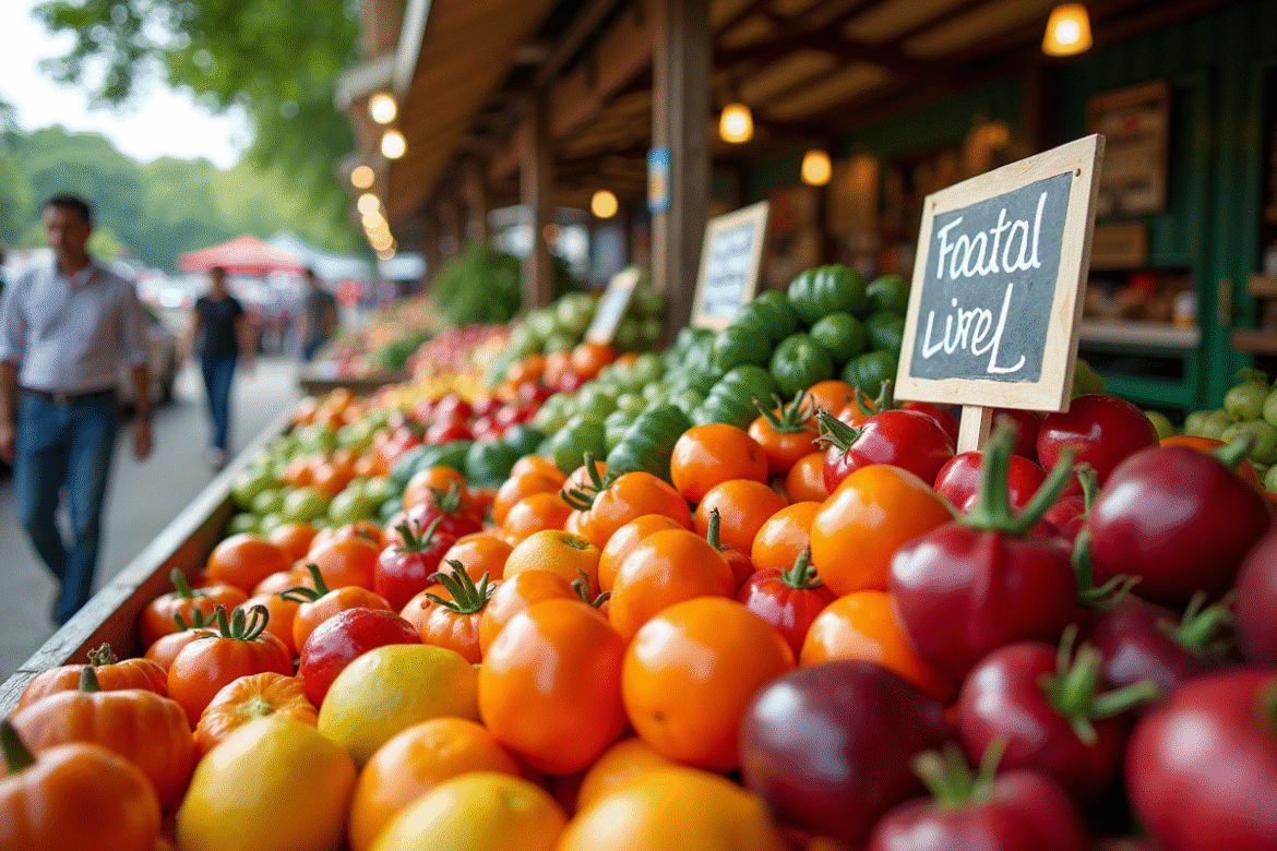 Marché de producteurs avec fruits et légumes colorés