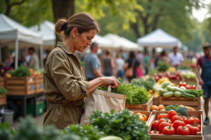 Femme d'âge moyen remplissant un sac en toile avec des légumes frais au marché