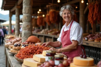Étal de marché basque à Dancharia avec piments d'Espelette, jambon de Bayonne et fromage de brebis présentés par une vendeuse en tablier traditionnel