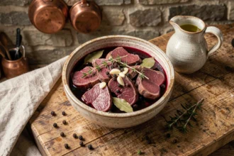 Bol en céramique rustique contenant des morceaux de chevreuil marinés dans du vin rouge avec thym, ail et poivre noir sur un billot en chêne