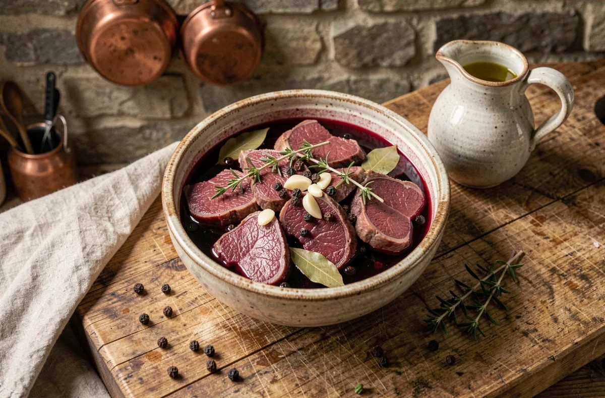 Bol en céramique rustique contenant des morceaux de chevreuil marinés dans du vin rouge avec thym, ail et poivre noir sur un billot en chêne