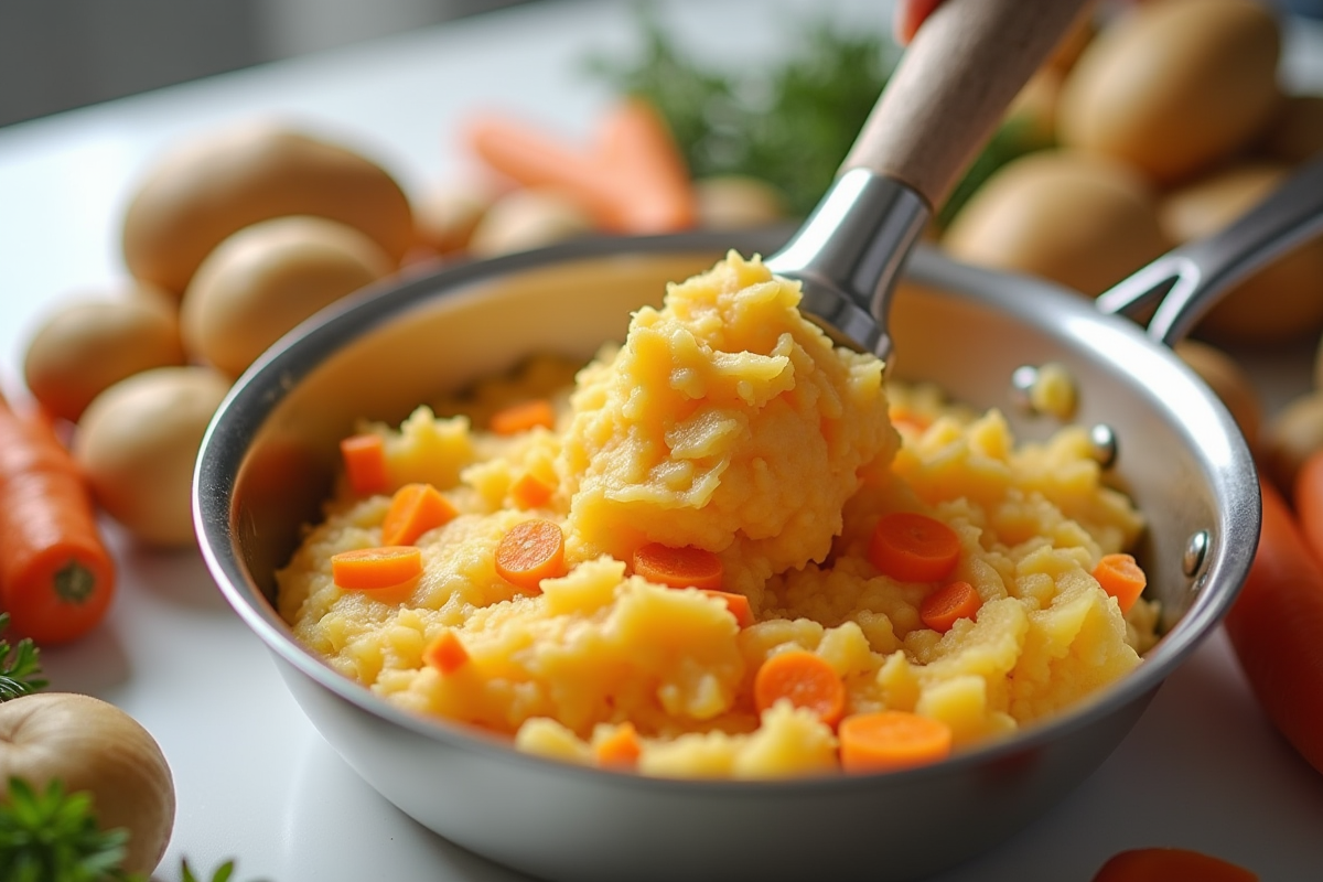 Pommes de terre et carottes écrasées dans une casserole brillante