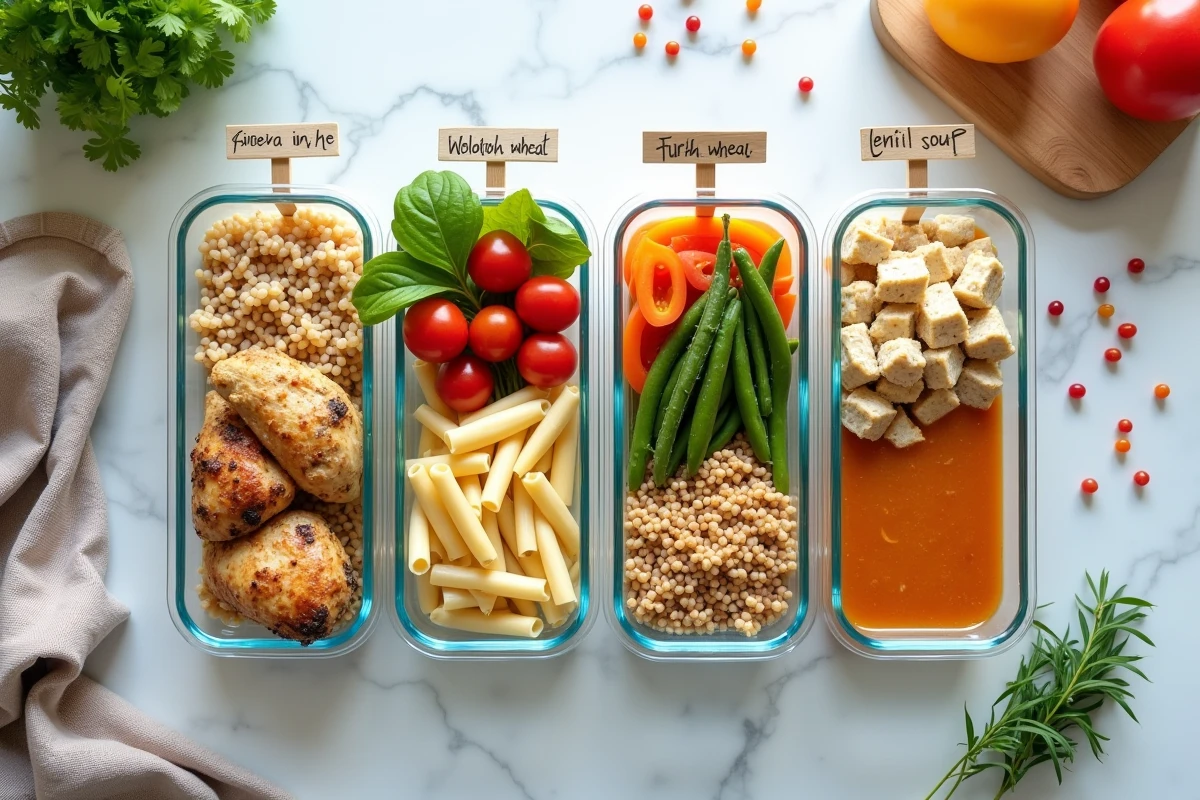 Préparation de repas équilibrés du midi en boîtes verre sur un plan de travail en marbre blanc