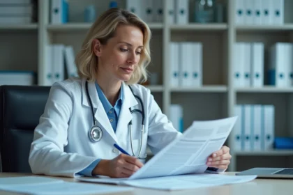 Medecin femme examine un rapport médical au bureau