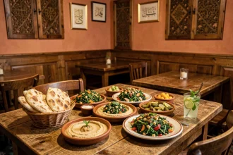 Table garnie de mezze libanais dans un restaurant parisien au décor chaleureux et authentique