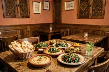 Table garnie de mezze libanais dans un restaurant parisien au décor chaleureux et authentique