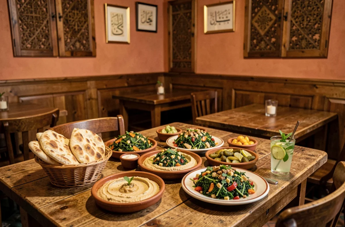 Table garnie de mezze libanais dans un restaurant parisien au décor chaleureux et authentique