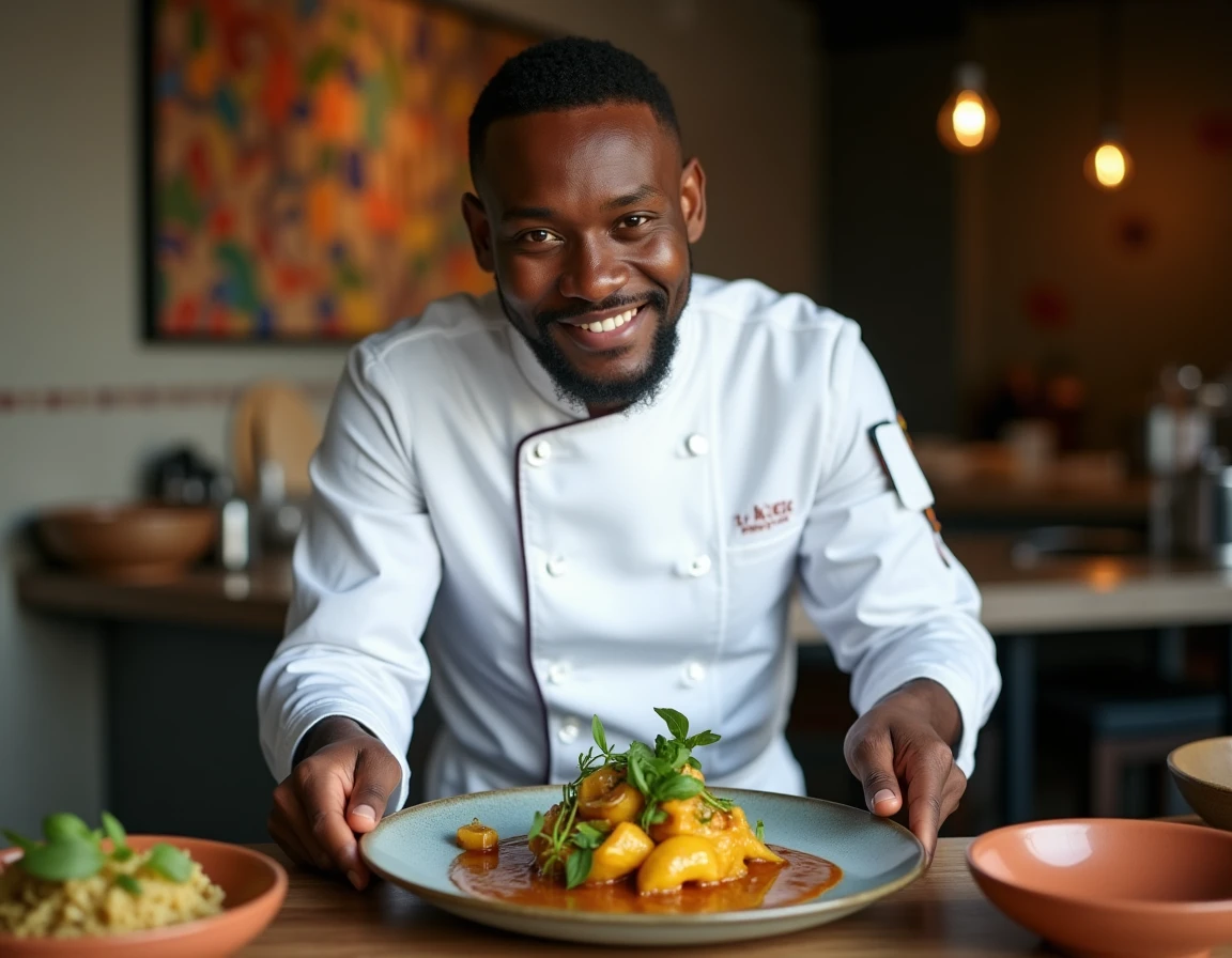 Chef Mory Sacko en cuisine créant un plat fusion afro-japonaise dans son restaurant parisien étoilé