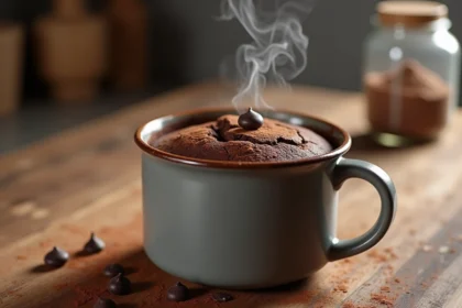 Mugcake au chocolat sans oeuf riche en protéines servi dans un mug en céramique gris sur un comptoir en bois rustique