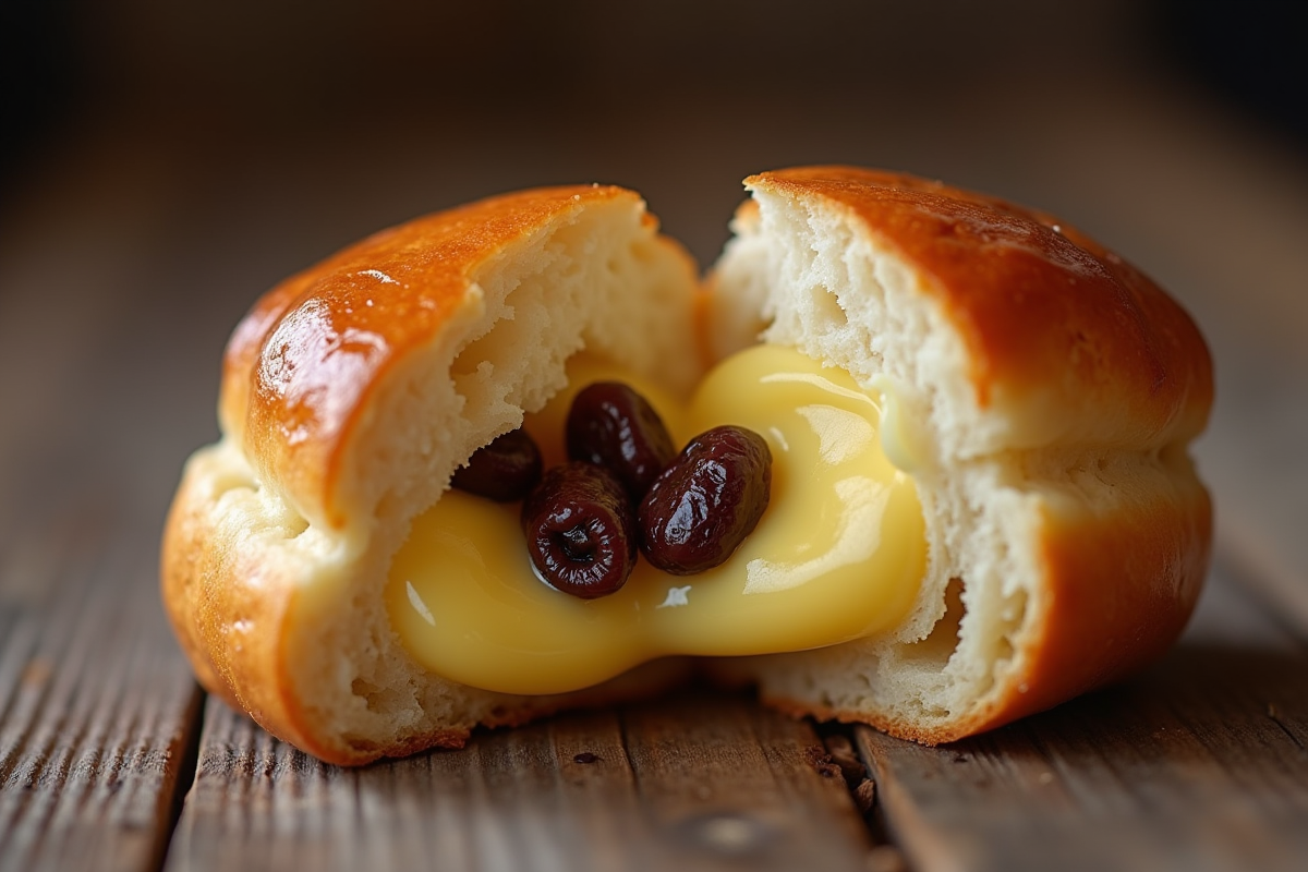 Pain aux raisins coupé révélant la crème et les raisins juteux