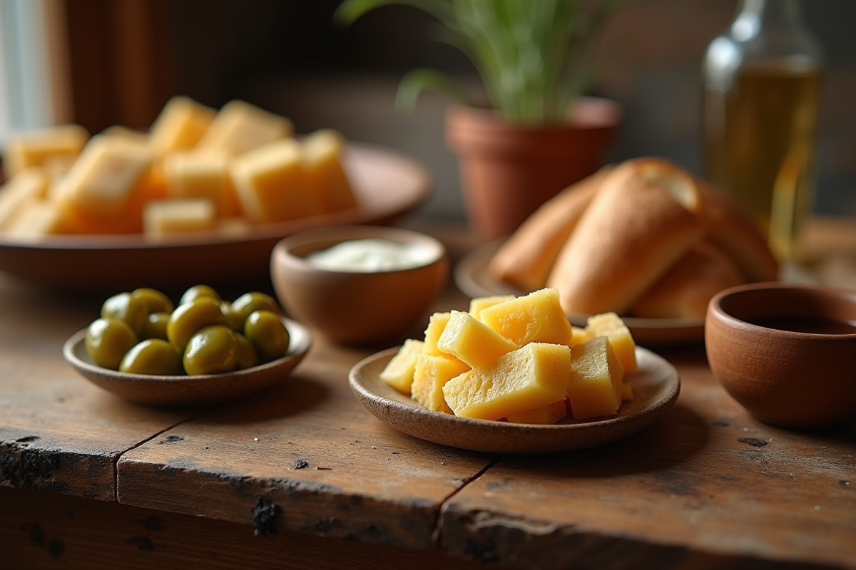 Pain et condiments pour fondue bourguignonne en gros plan