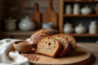 Tranches de pain de seigle artisanal avec graines sur planche en bois dans une boulangerie rustique