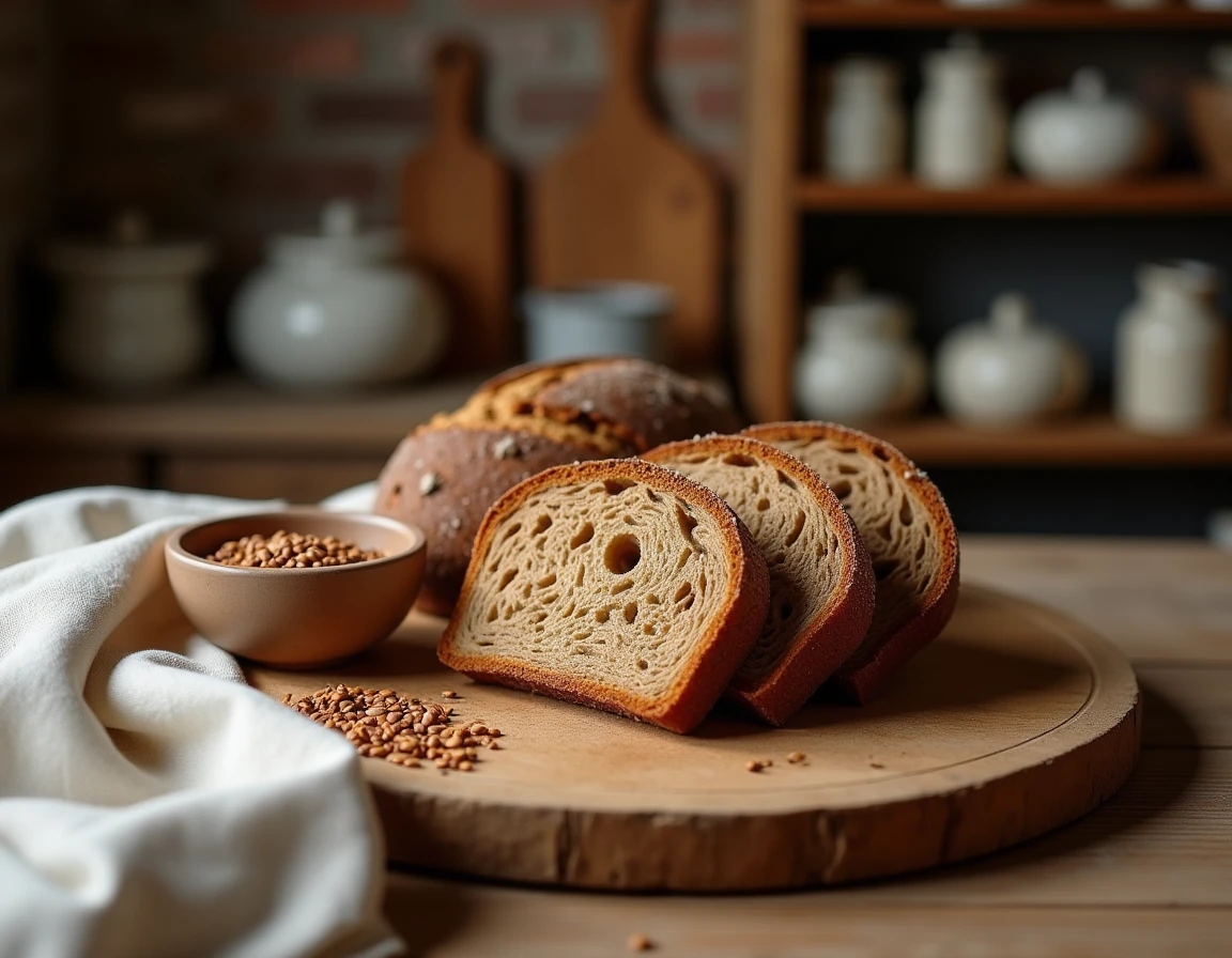 Tranches de pain de seigle artisanal avec graines sur planche en bois dans une boulangerie rustique