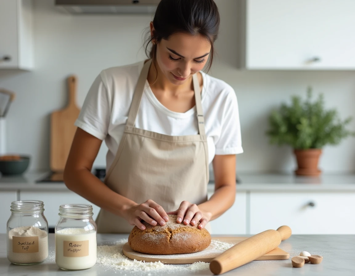 Femme préparant un pain au sarrasin sans gluten dans une cuisine moderne avec farines alternatives