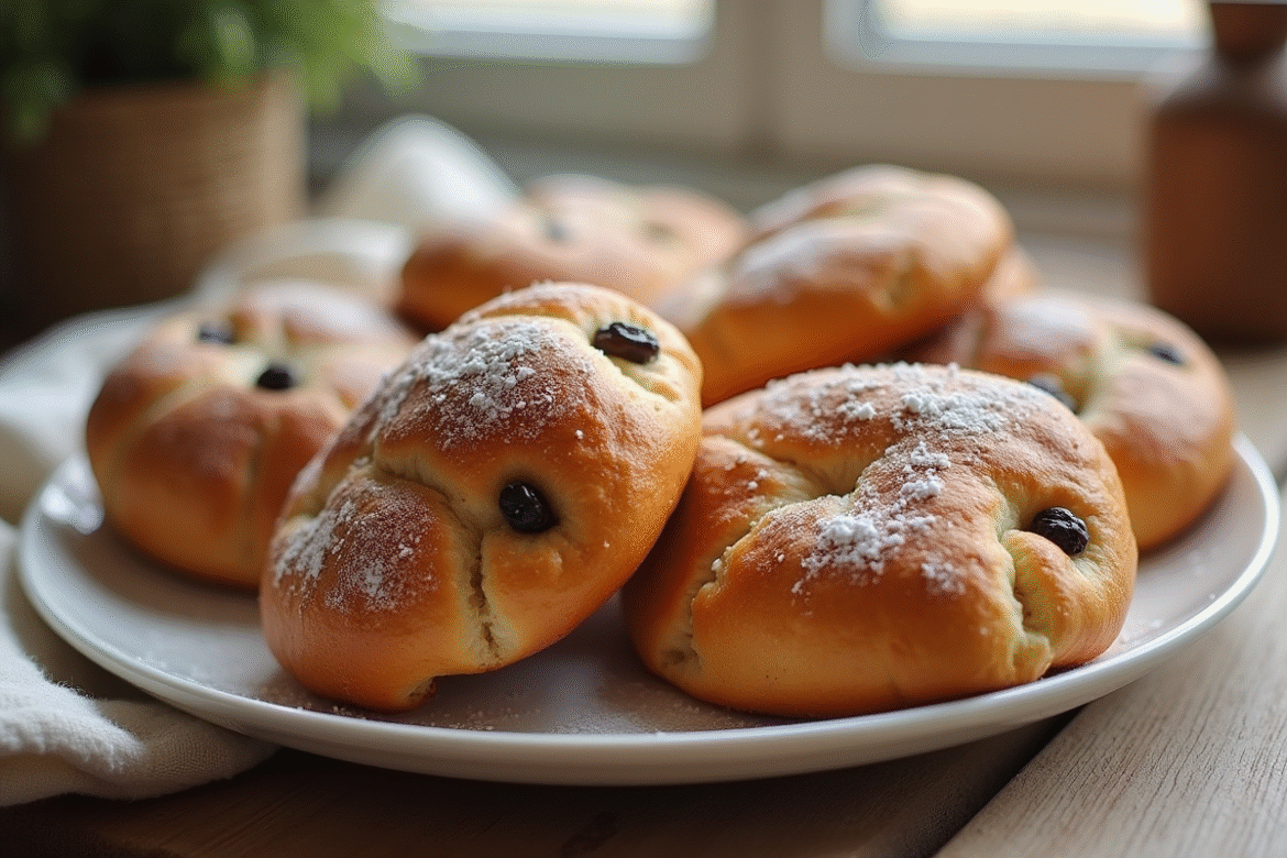 Pains aux raisins dorés et brillants sur une assiette blanche