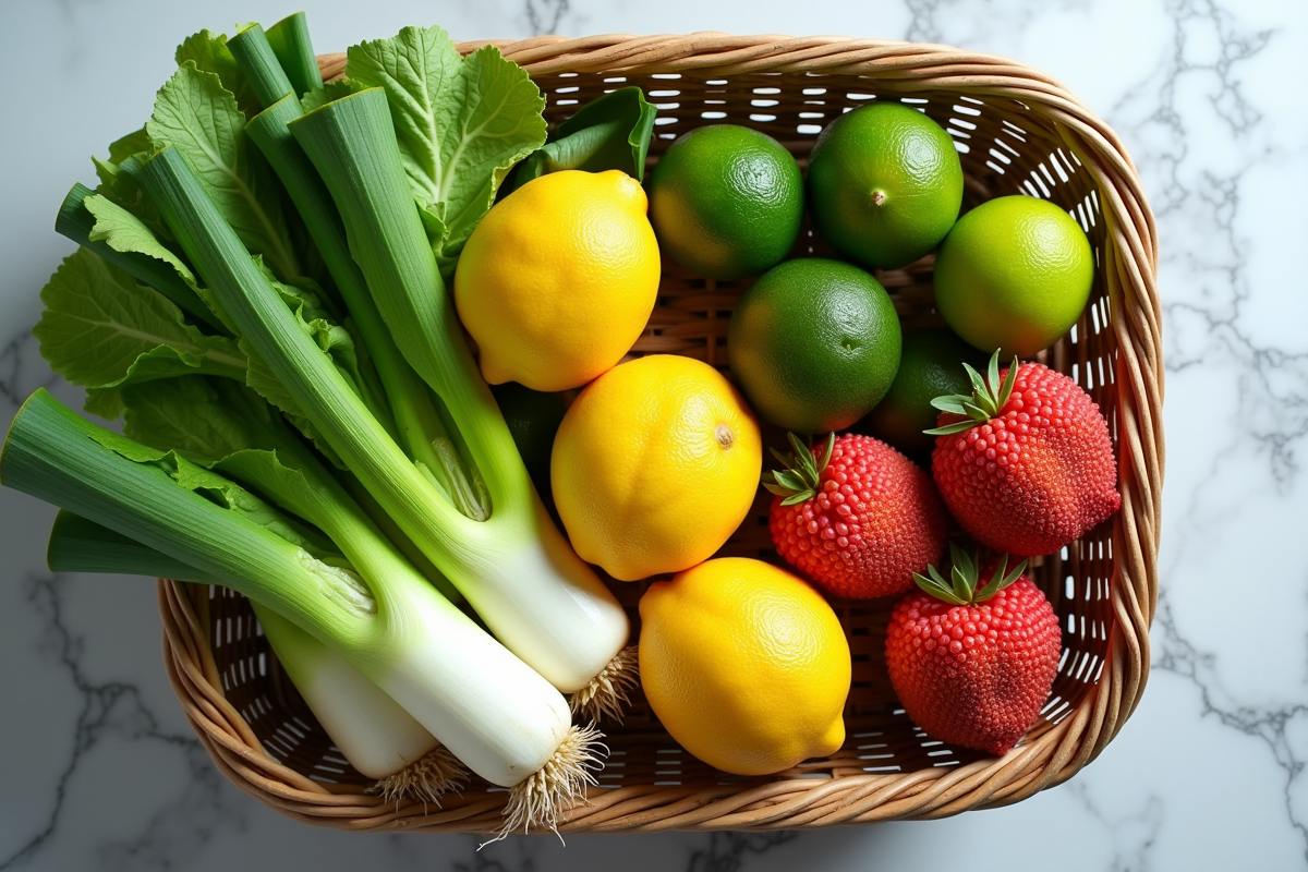 Panier de fruits et légumes L sur surface marbre