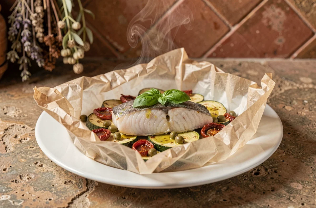 Papillote de poisson ouverte sur une assiette blanche révélant un filet de daurade cuit avec légumes méditerranéens et basilic frais