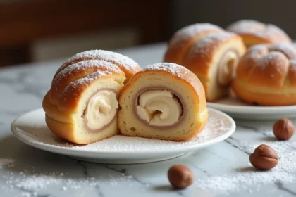 Paris-Brest coupé en deux révélant la crème mousseline praliné et les noisettes torréfiées sur un marbre pâtissier