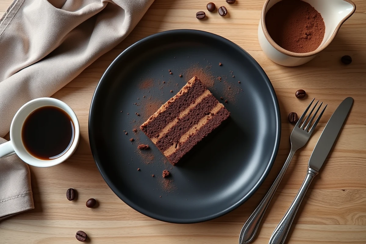Vue de dessus d'une part de gâteau opéra sur assiette noire avec tasse d'espresso, grains de café et serviette en lin sur table en bois